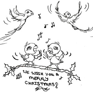 Storybook birds Cricket and Watson wish you a merry Christmas on this printable colour-in greetings card for children.