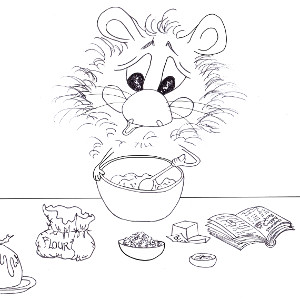 Cartoon hamster Harrison makes Christmas pudding (printable colour-in greetings card for children).