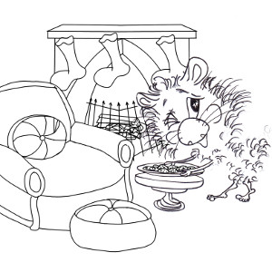 Harrison Hamster I sets out cookies for Santa in his sitting room (printable colour-in Christmas card for kids).