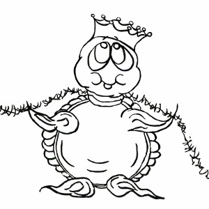 Storybook turtle Moochie dons a party hat and tinsel on this printable colour-in Christmas card for children.