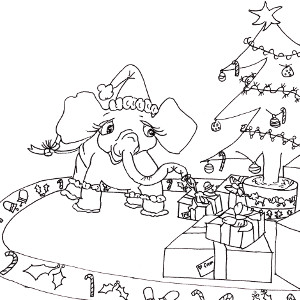 Storybook elephant Pink Ethel is unwrapping one of the presents under her Christmas tree (printable colour-in card for kids).