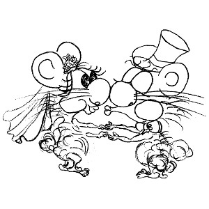Cartoon hamsters Harmony and Harris share a kiss on this printable colour-in wedding card for children.