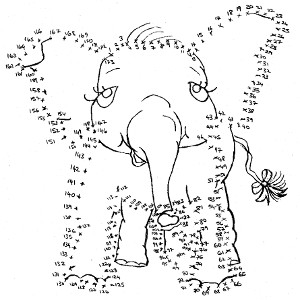 Printable connect-the-dots puzzle for kids featuring storybook elephant Pink Ethel.