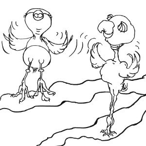 Line drawing of storybook birds Cricket and Watson flapping their wings.