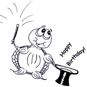 Line drawing of cartoon turtle Moochie with a top hat and magic wand (greeting: 'Happy Birthday!).
