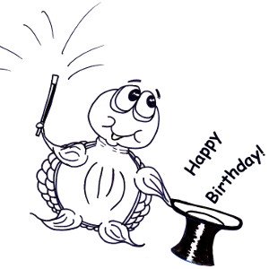 Line drawing of cartoon turtle Moochie with a top hat and magic wand (greeting: 'Happy Birthday!).