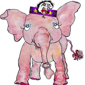 Storybook elephant Pink Ethel wears a party hat featuring cartoon skunk Stinky.