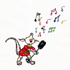 In this illustration from the picture book telling her story, aardvark Annabella sings into a mic.