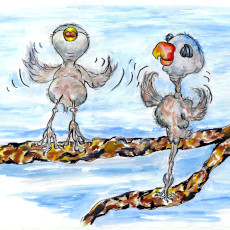 Picture-book illustration of little birds Cricket and Watson flapping their wings.