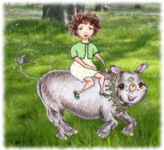 A little girl rides storybook rhinoceros Heloise.