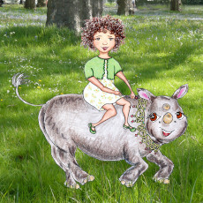 A little girl rides storybook rhinoceros Heloise.