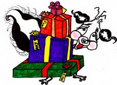 Cartoon skunk Stinky carries a stack of presents in this picture-book illustration.