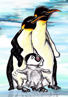 Penguin chick Tuppence stands on the ice with her parents in this storybook picture.