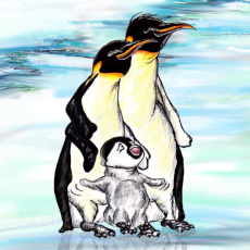 Penguin chick Tuppence stands on the ice with her parents in this storybook picture.