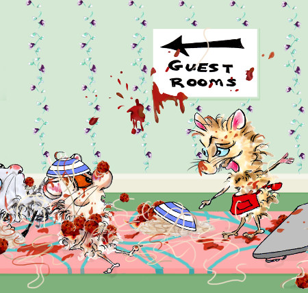 Cartoon hamster Harrison Hamster I covered in spaghetti and meatballs, being yelled at by a waiter