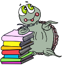 Cartoon turtle Moochie leans against a colourful stack of reading books.